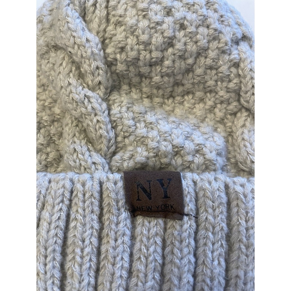 NY New York Cable Knit Beanie Gray Plush Fleece Lined Cuffed Winter Hat - Picture 3 of 6